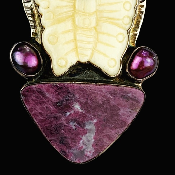 Hand Carved Butterfly Pearl Tourmaline Pin Pendant - Picture 5 of 11